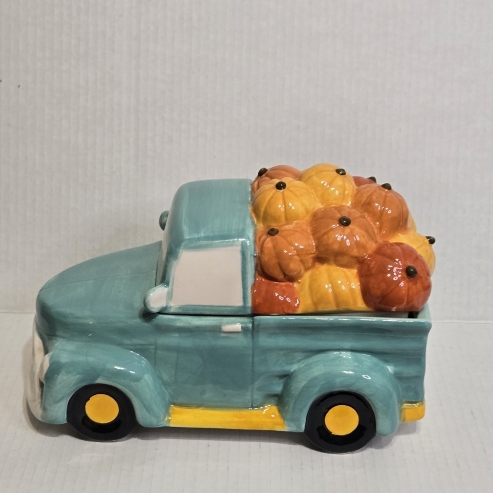 Ceramic Truck Pumpkins Fall Harvest Decor Autumn Thanksgiving Cookie Candy Jar